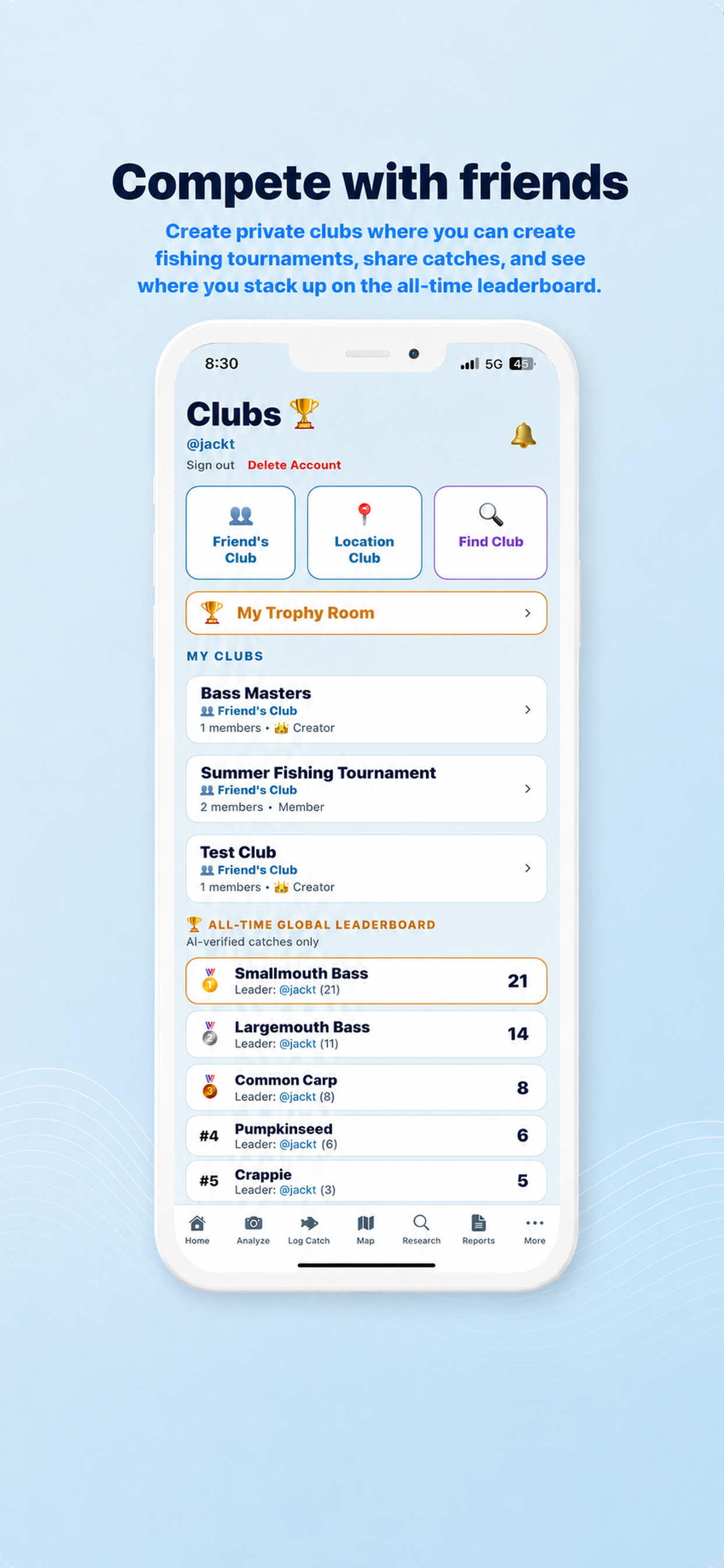 CastWise clubs and competition screen