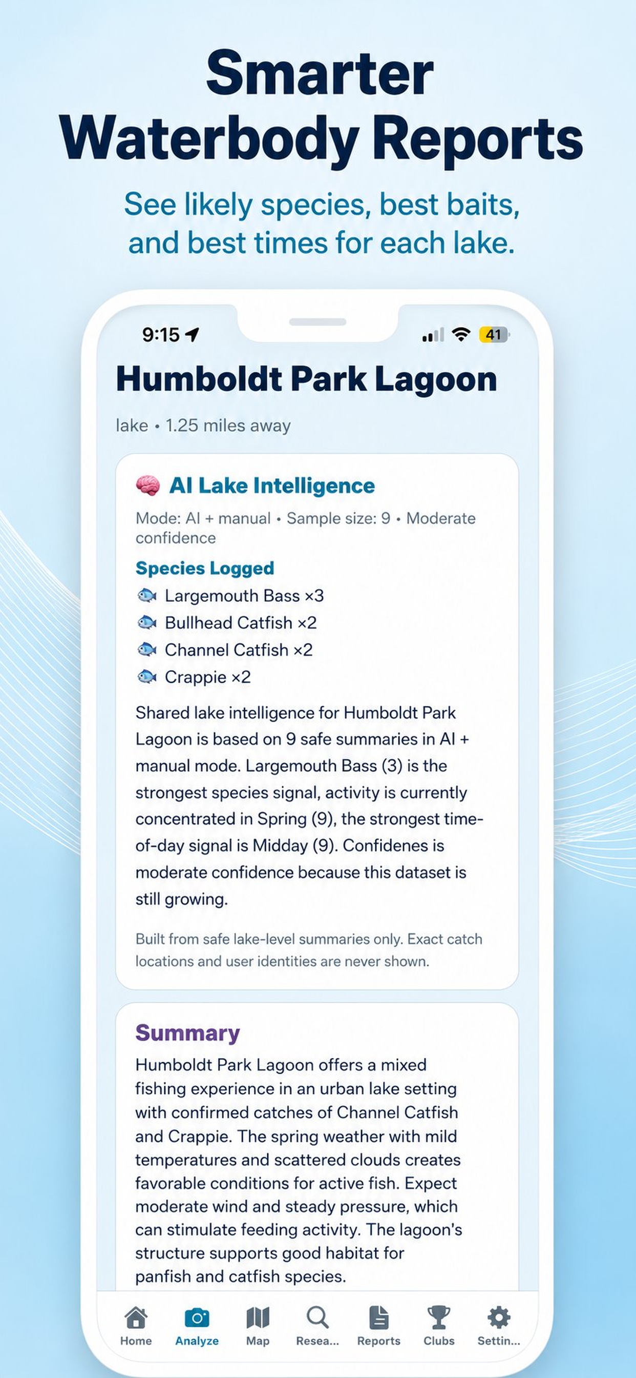 CastWise waterbody reports screen